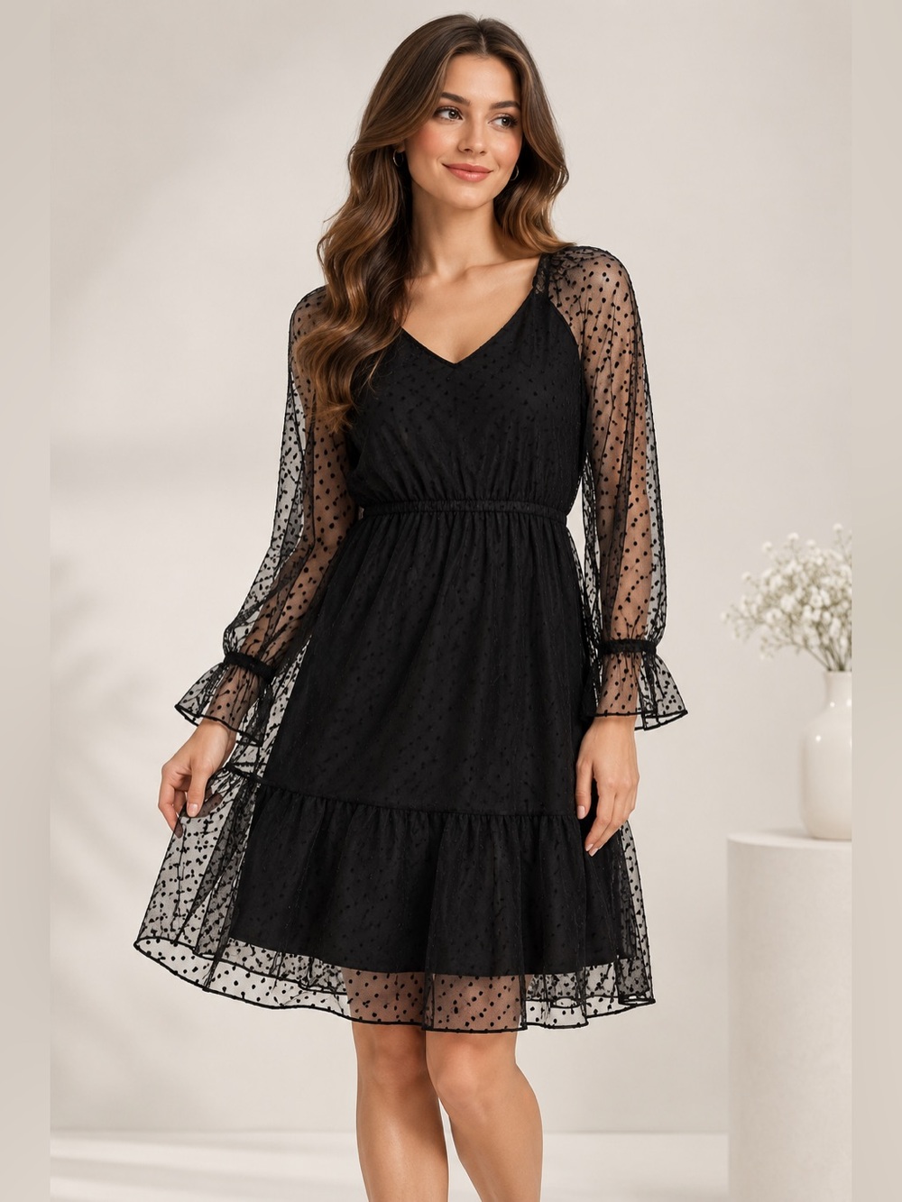 Bar III Black Swiss Dot Sheer Sleeve Ruffle Dress Size L